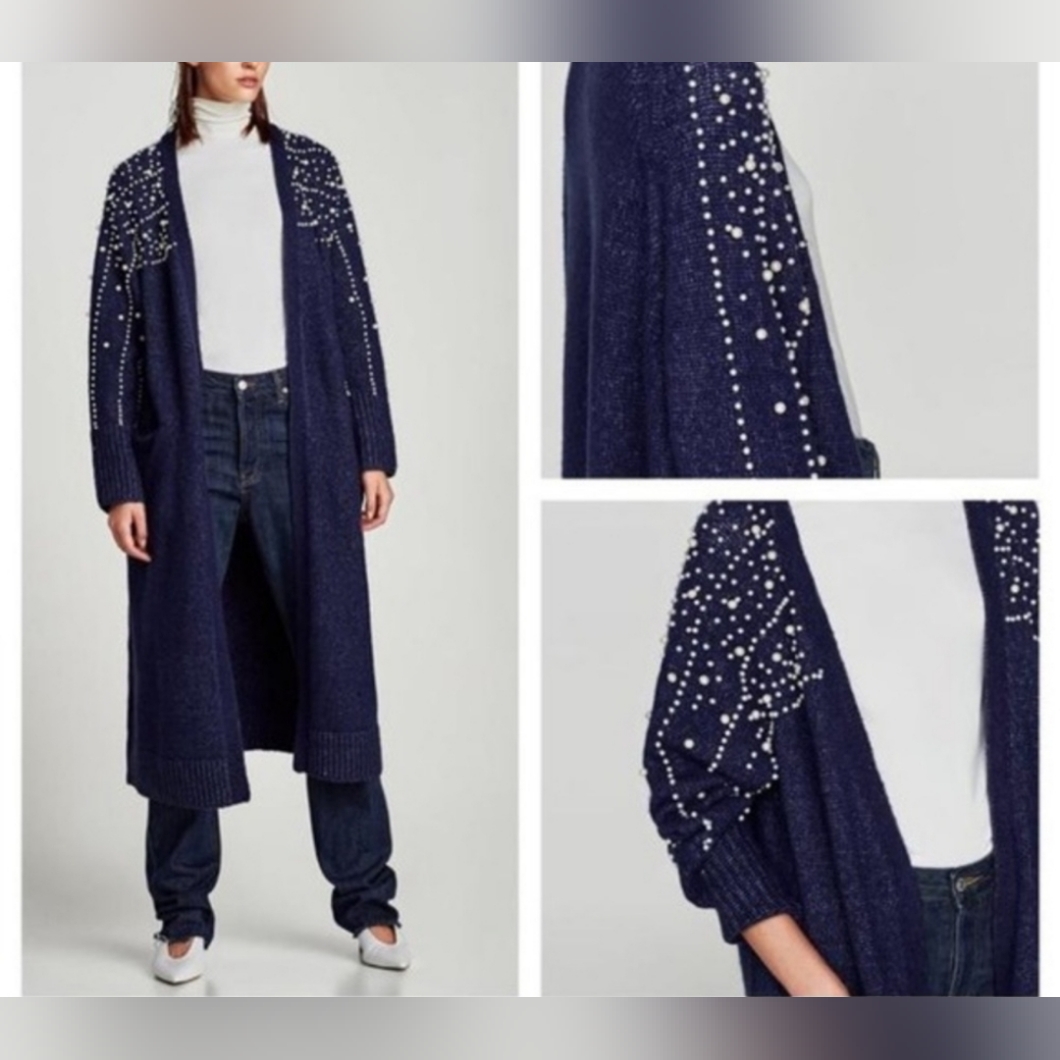 Nwt Zara Long Oversized Chunky Cardigan Coat Pearls Wool Mohair Blue One Size